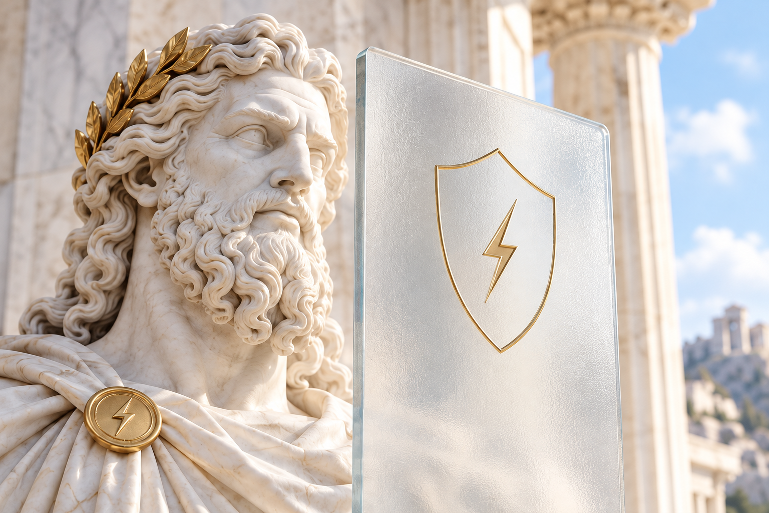 Marble Zeus beside a frosted glass shield with a golden lightning bolt